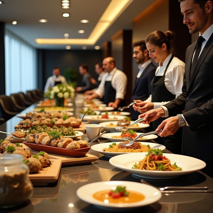 Professional catering staff serving a variety of international dishes at a buffet, showcasing a premium multi-cuisine wedding menu.