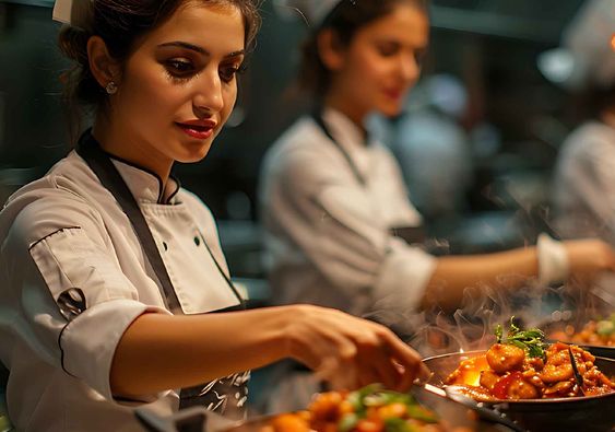 Professional chef preparing fresh hot dishes at a live counter, showcasing a customized catering menu for weddings and events.