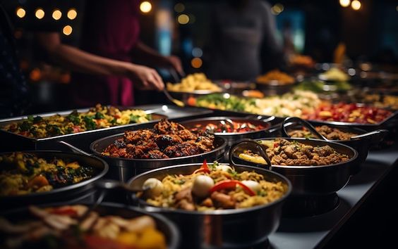 A wide selection of vibrant buffet dishes arranged in stainless steel pans, representing modern wedding catering styles.
