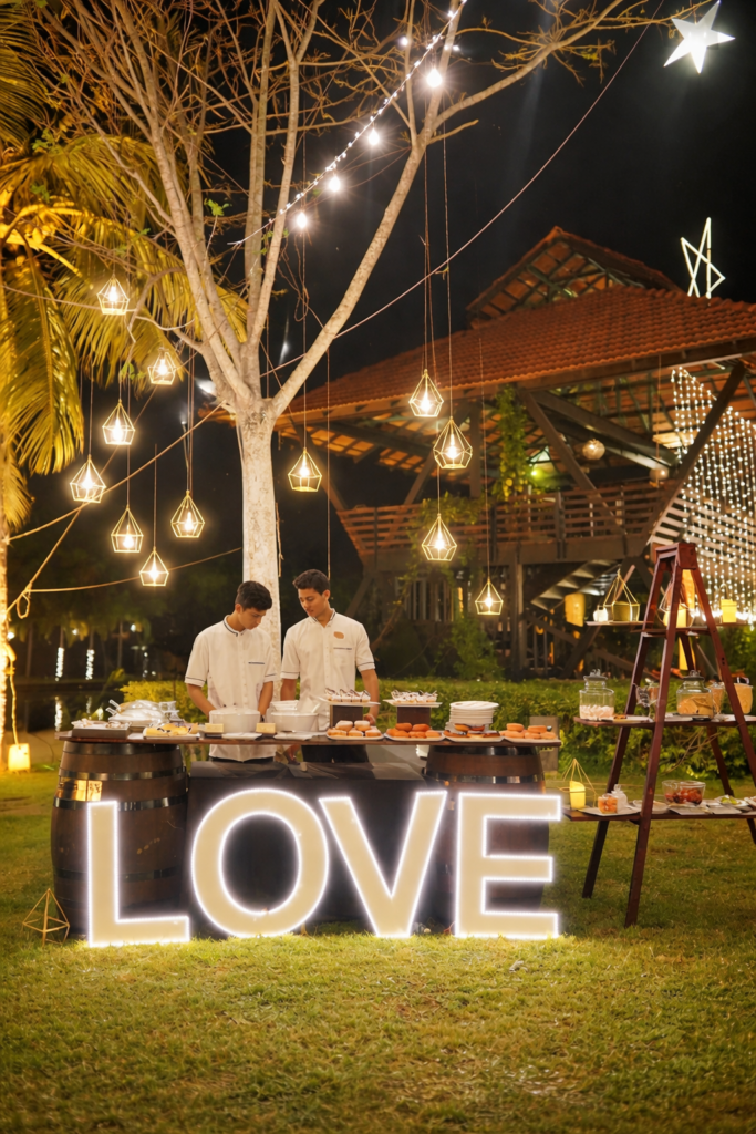 A beautifully styled outdoor wedding food station with live counters and themed décor, showcasing creative options offered in wedding catering packages in Kerala.