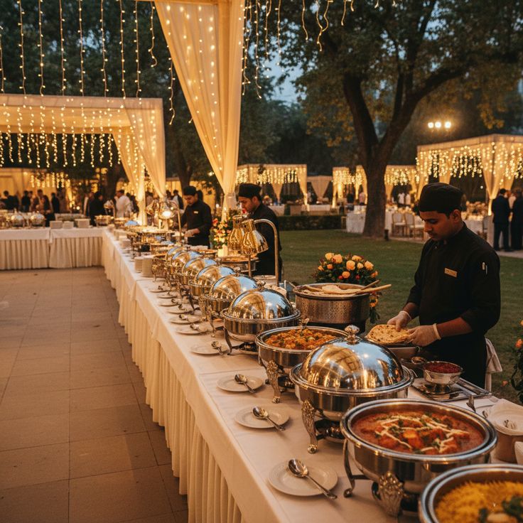A grand outdoor wedding catering arrangement with multiple food counters and service staff, helping readers compare service levels in a Kerala catering cost guide.