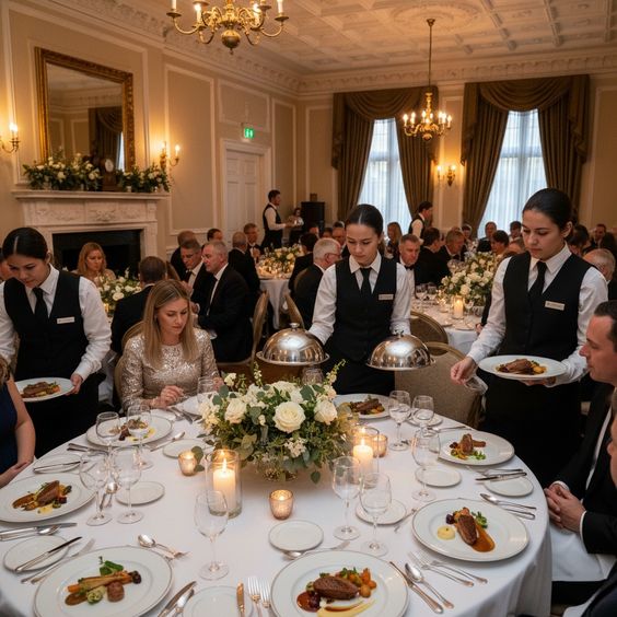 A luxury wedding banquet with table service, elegant décor, and plated cuisine, helping readers understand pricing options in a Kerala catering cost guide.