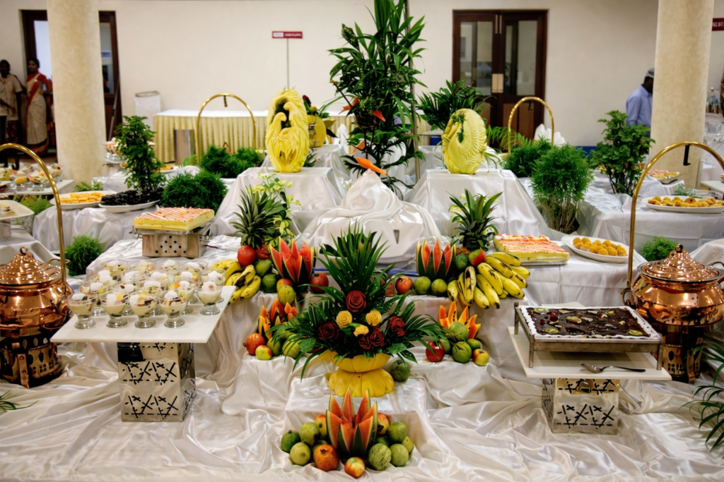 A grand traditional buffet display with carved fruits, sweets, and authentic presentation, highlighting the richness of a traditional wedding menu Kerala.