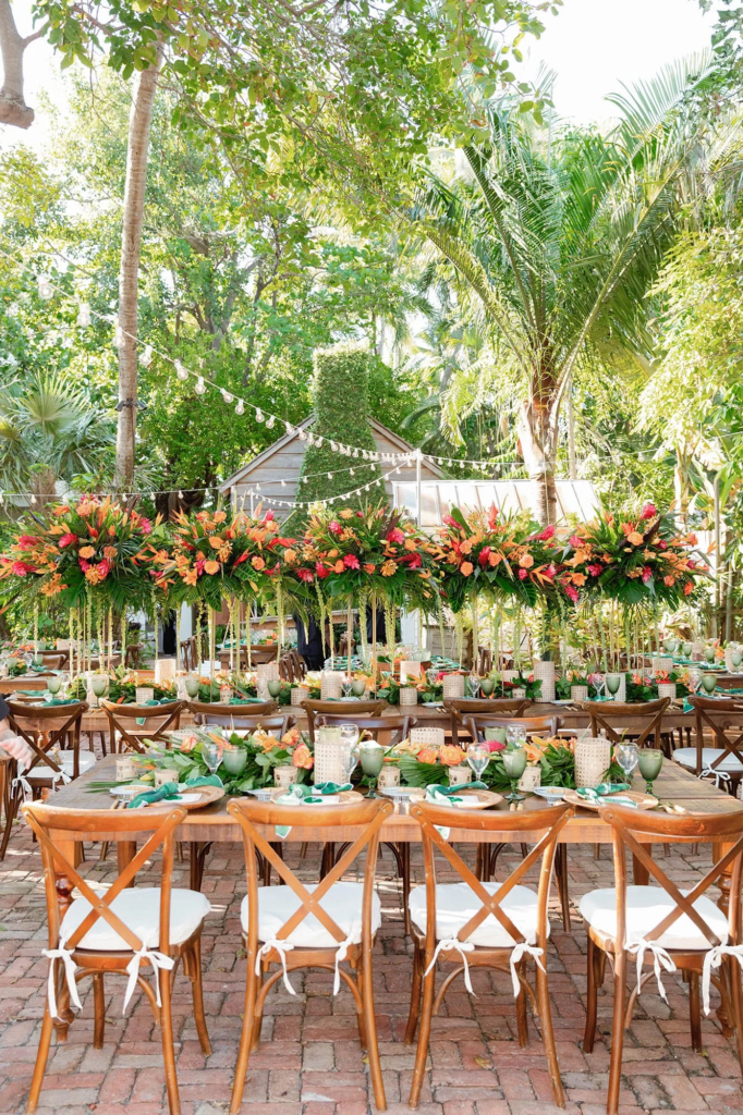 A beautifully styled outdoor wedding reception with coordinated table décor and service setup, helping couples understand how to choose a caterer in Kerala.
