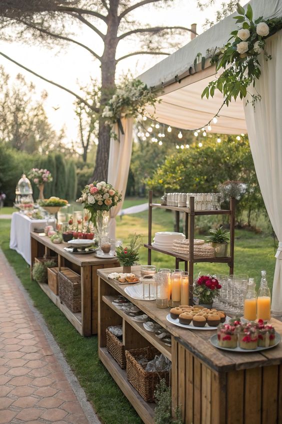 Outdoor wedding buffet setup with rustic counters and dessert stations illustrating indoor vs outdoor wedding catering in Kerala, highlighting natural ambience, open-air presentation, and guest experience.