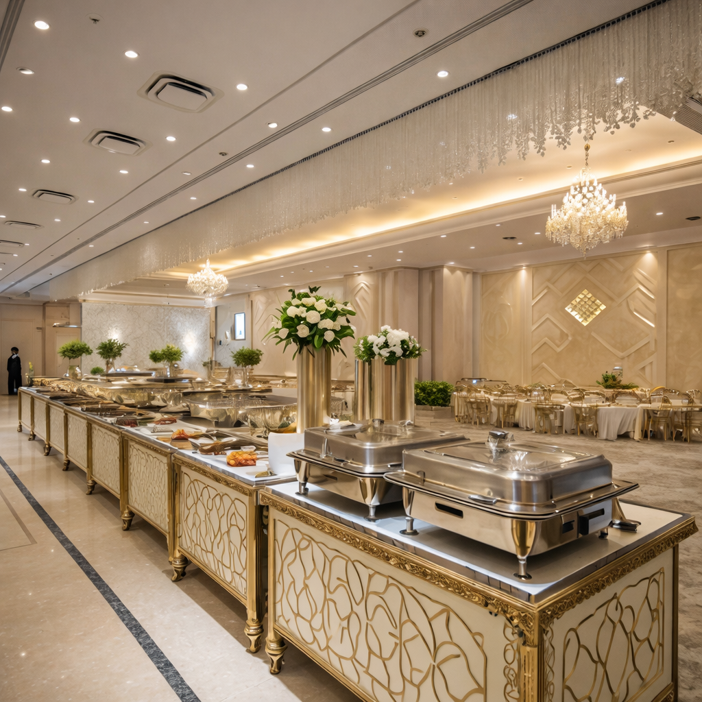 Luxury wedding buffet setup highlighting common wedding catering mistakes such as poor food flow, improper spacing, and lack of guest service planning at large wedding events.