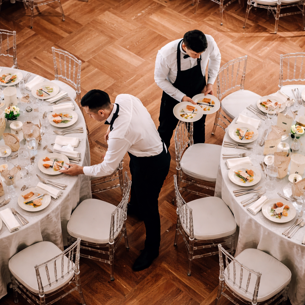 Wedding service staff arranging plated meals at a reception, illustrating Common Wedding Catering Mistakes like inefficient service flow and lack of coordination.